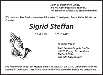 Traueranzeige von Sigrid Steffan von Rüsselsheimer Echo, Groß-Gerauer-Echo, Ried Echo