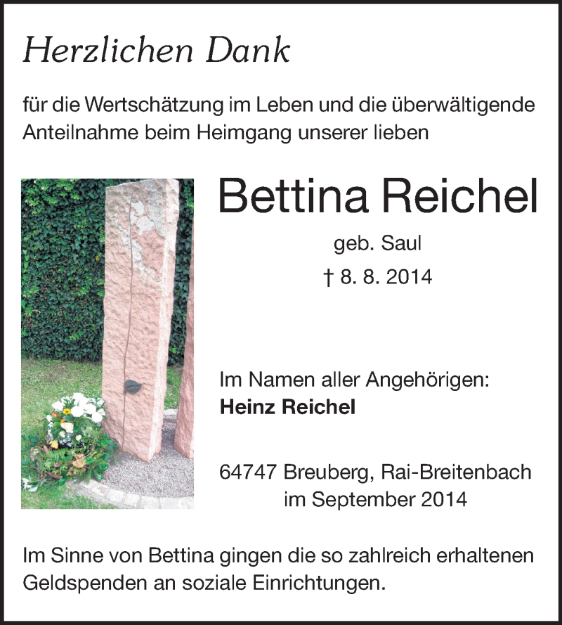 Traueranzeige für Bettina Reichel vom 11.09.2014 aus Odenwälder Echo