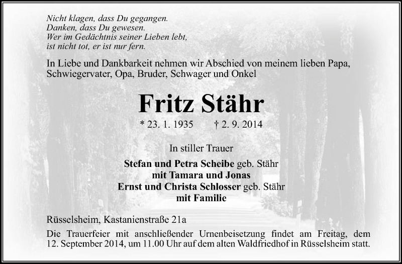  Traueranzeige für Fritz Stähr vom 06.09.2014 aus Rüsselsheimer Echo, Groß-Gerauer-Echo, Ried Echo