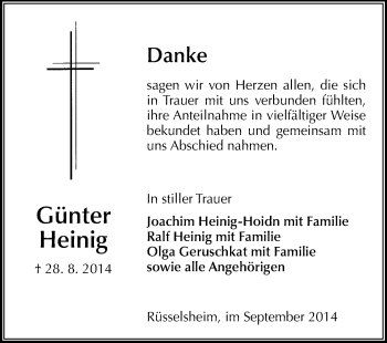 Traueranzeige von Günter Heinig von Rüsselsheimer Echo, Groß-Gerauer-Echo, Ried Echo