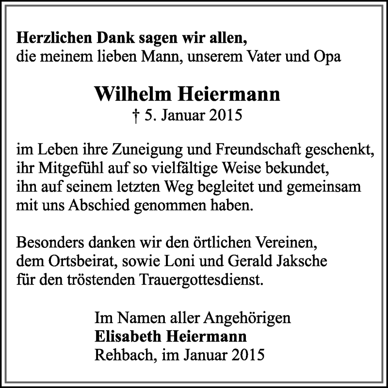  Traueranzeige für Wilhelm Heiermann vom 31.01.2015 aus Odenwälder Echo