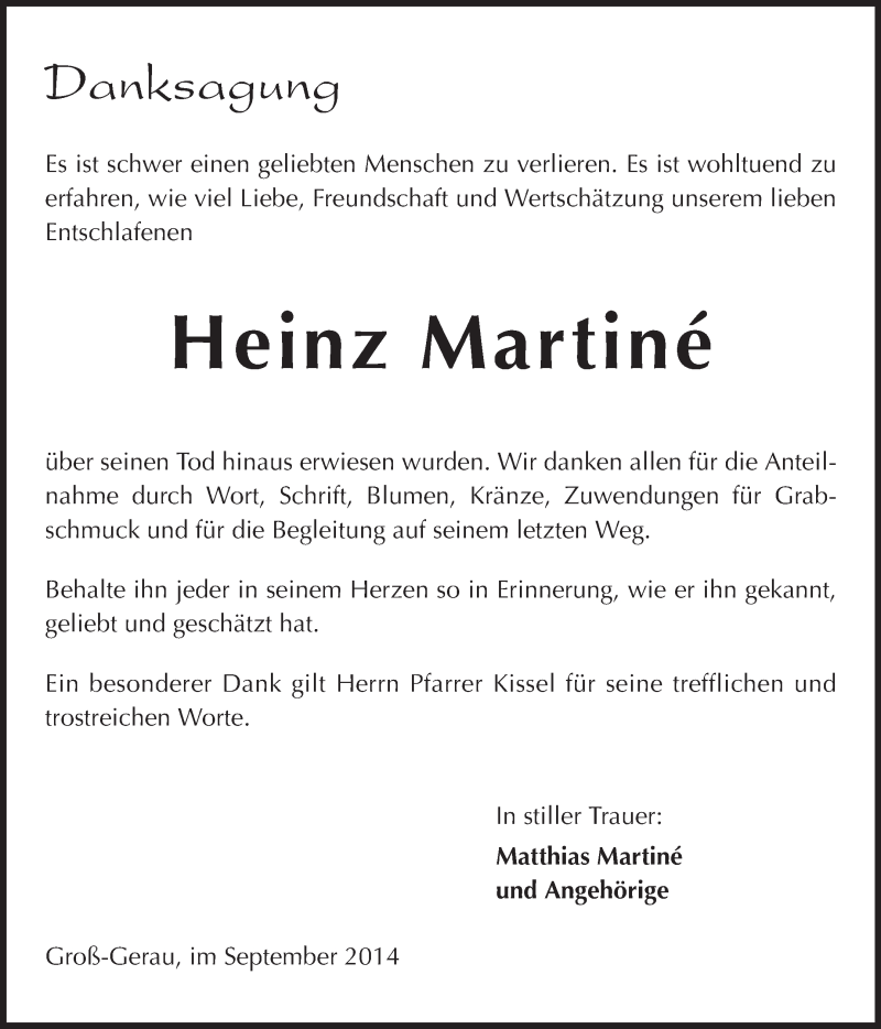  Traueranzeige für Heinz Martiné vom 06.09.2014 aus Rüsselsheimer Echo, Groß-Gerauer-Echo, Ried Echo