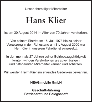 Traueranzeige von Hans Klier von Echo-Zeitungen (Gesamtausgabe)