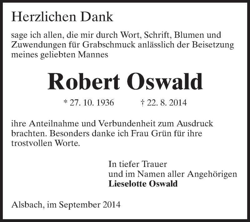  Traueranzeige für Robert Oswald vom 06.09.2014 aus Echo-Zeitungen (Gesamtausgabe)