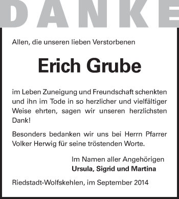 Traueranzeige von Erich Grube von Rüsselsheimer Echo, Groß-Gerauer-Echo, Ried Echo