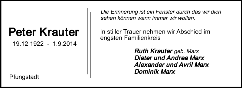  Traueranzeige für Peter Krauter vom 06.09.2014 aus Echo-Zeitungen (Gesamtausgabe)