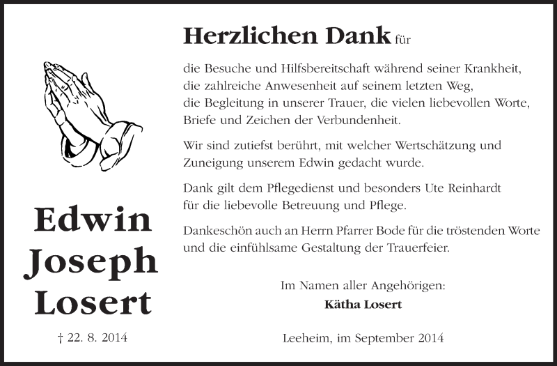  Traueranzeige für Edwin Joseph Losert vom 06.09.2014 aus Rüsselsheimer Echo, Groß-Gerauer-Echo, Ried Echo