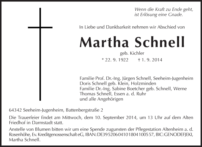  Traueranzeige für Martha Schnell vom 06.09.2014 aus Echo-Zeitungen (Gesamtausgabe)