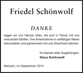 Traueranzeige von Friedel Schönwolf von Echo-Zeitungen (Gesamtausgabe)