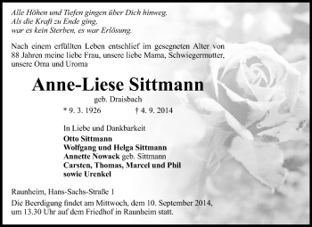 Traueranzeige von Anne-Liese Sittmann von Rüsselsheimer Echo, Groß-Gerauer-Echo, Ried Echo