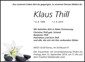 Traueranzeige von Klaus Thill von Rüsselsheimer Echo, Groß-Gerauer-Echo, Ried Echo