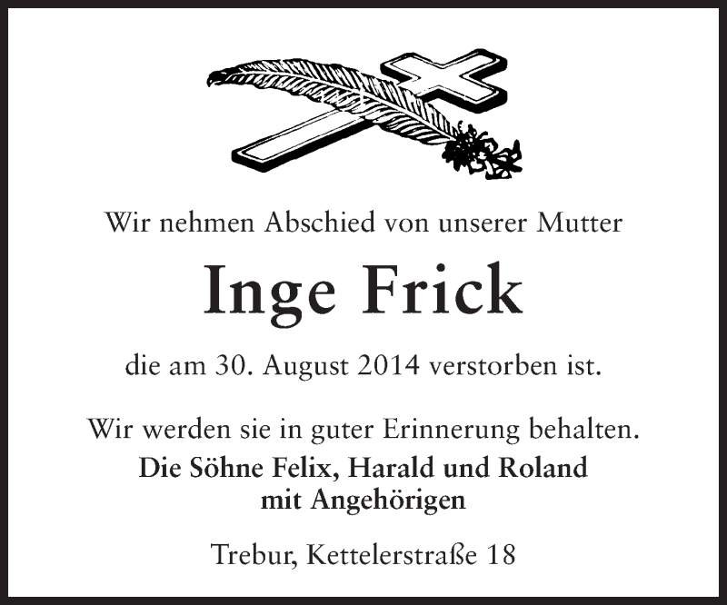  Traueranzeige für Inge Frick vom 13.09.2014 aus Rüsselsheimer Echo, Groß-Gerauer-Echo, Ried Echo