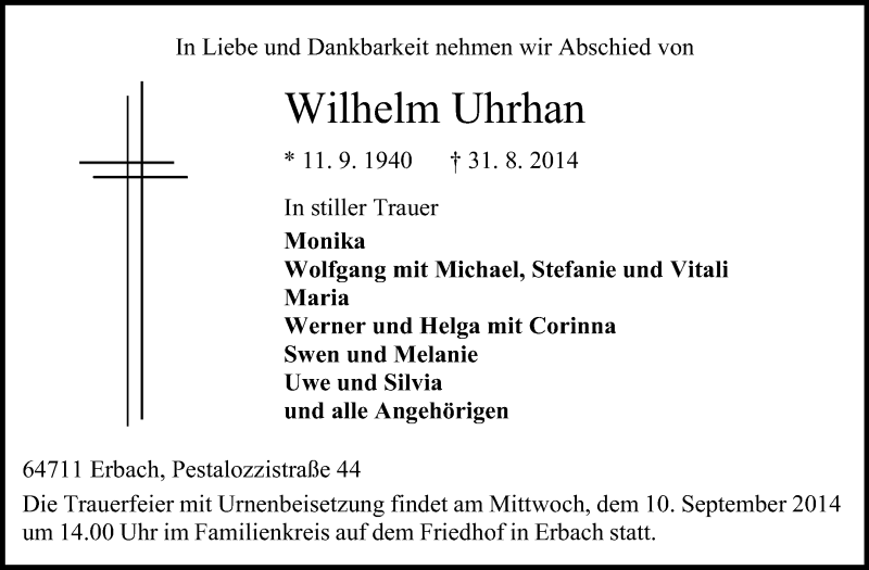  Traueranzeige für Wilhelm Uhrhan vom 09.09.2014 aus Odenwälder Echo