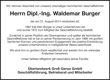 Traueranzeige von Waldemar Burger von Rüsselsheimer Echo, Groß-Gerauer-Echo, Ried Echo