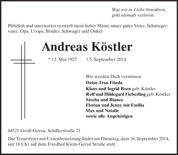 Traueranzeige von Andreas Köstler von Rüsselsheimer Echo, Groß-Gerauer-Echo, Ried Echo