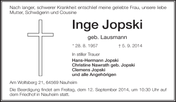 Traueranzeige von Inge Jopski von Rüsselsheimer Echo, Groß-Gerauer-Echo, Ried Echo
