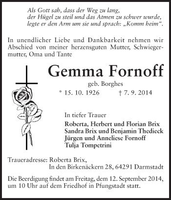 Traueranzeige von Gemma Fornoff von Echo-Zeitungen (Gesamtausgabe)