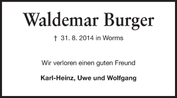 Traueranzeige von Waldemar Burger von Rüsselsheimer Echo, Groß-Gerauer-Echo, Ried Echo