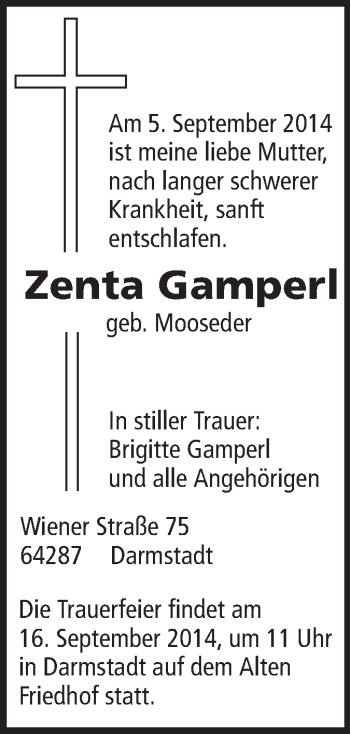 Traueranzeige von Zenta Gamperl von Echo-Zeitungen (Gesamtausgabe)