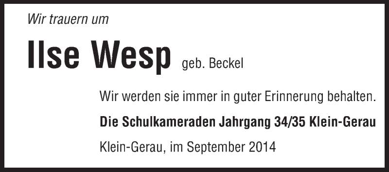  Traueranzeige für Ilse Wesp vom 10.09.2014 aus Rüsselsheimer Echo, Groß-Gerauer-Echo, Ried Echo