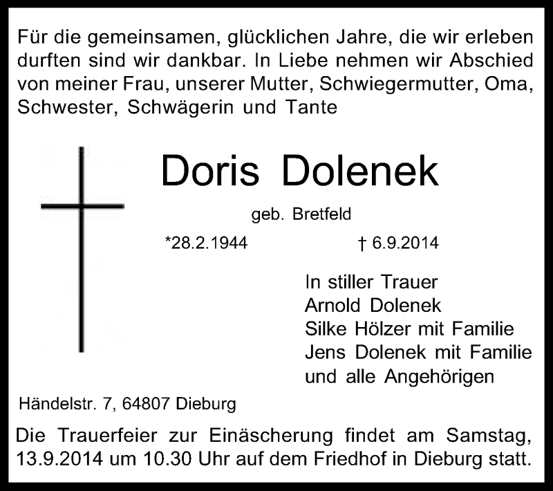  Traueranzeige für Doris Dolenek vom 11.09.2014 aus Echo-Zeitungen (Gesamtausgabe)