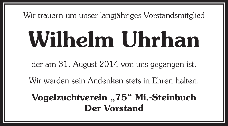  Traueranzeige für Wilhelm Uhrhan vom 13.09.2014 aus Odenwälder Echo