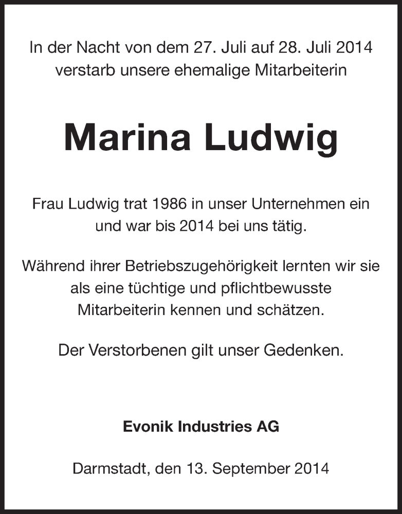  Traueranzeige für Marina Ludwig vom 13.09.2014 aus Echo-Zeitungen (Gesamtausgabe)