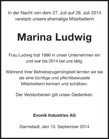 Traueranzeige von Marina Ludwig von Echo-Zeitungen (Gesamtausgabe)