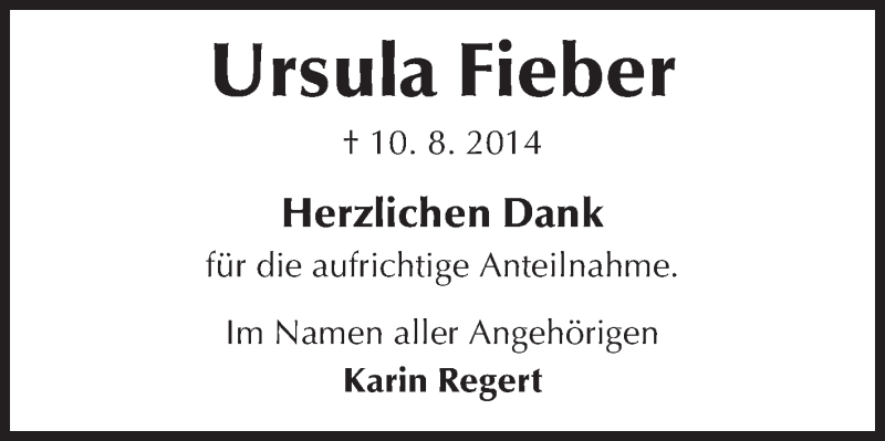  Traueranzeige für Ursula Fieber vom 13.09.2014 aus Echo-Zeitungen (Gesamtausgabe)
