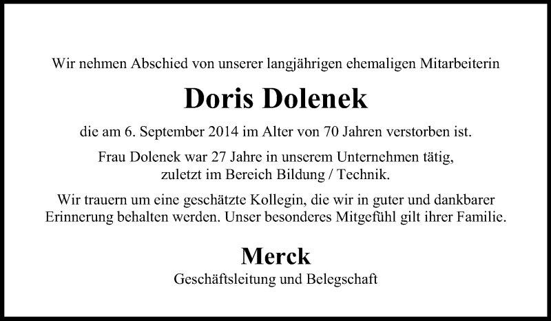  Traueranzeige für Doris Dolenek vom 12.09.2014 aus Echo-Zeitungen (Gesamtausgabe)