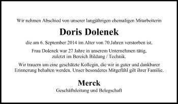 Traueranzeige von Doris Dolenek von Echo-Zeitungen (Gesamtausgabe)