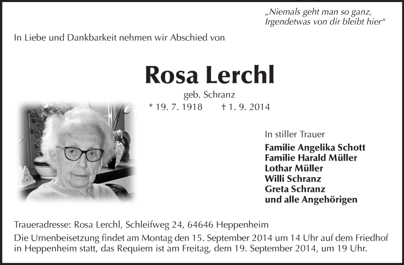 Traueranzeige für Rosa Lierchl vom 12.09.2014 aus Starkenburger Echo
