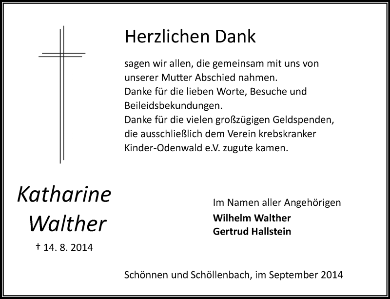  Traueranzeige für Katharine Walther vom 12.09.2014 aus Odenwälder Echo
