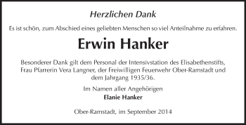 Traueranzeige von Erwin Hanker von Echo-Zeitungen (Gesamtausgabe)