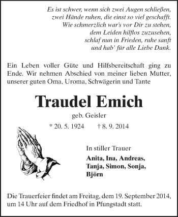 Traueranzeige von Traudel Emich von Echo-Zeitungen (Gesamtausgabe)