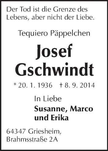 Traueranzeige von Josef Gschwindt von Echo-Zeitungen (Gesamtausgabe)