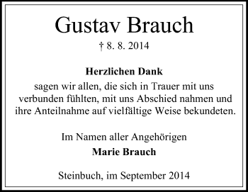 Traueranzeige von Gustav Brauch von Odenwälder Echo