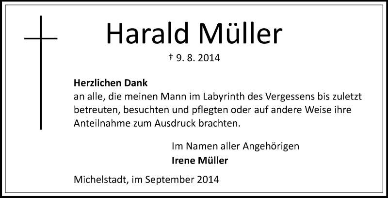  Traueranzeige für Harald Müller vom 13.09.2014 aus Odenwälder Echo