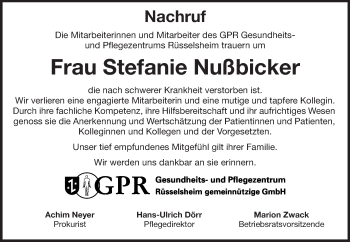 Traueranzeige von Stefanie Nußbicker von Rüsselsheimer Echo, Groß-Gerauer-Echo, Ried Echo