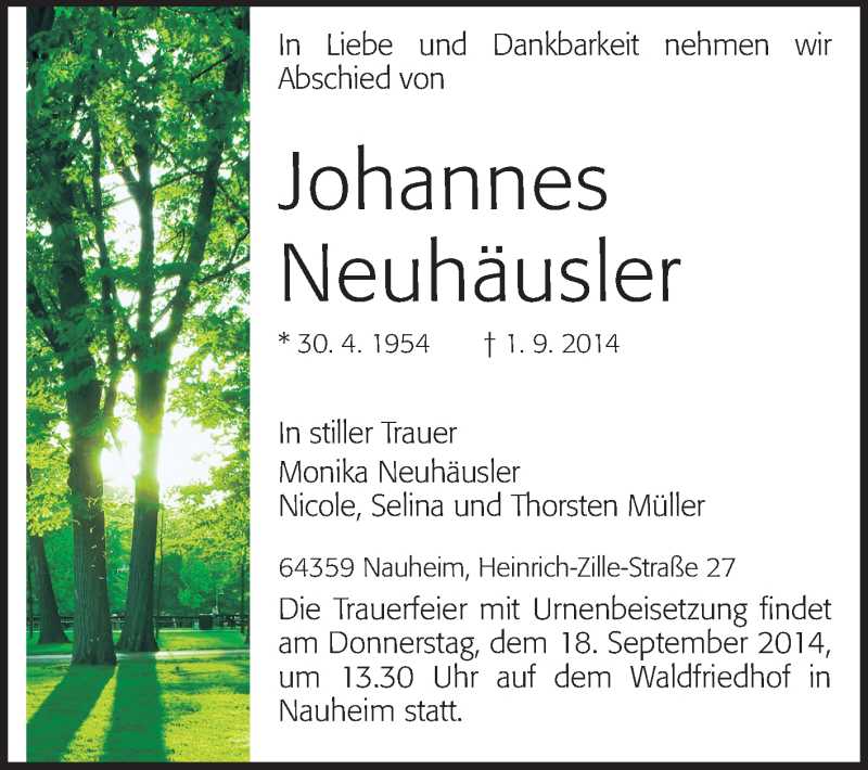  Traueranzeige für Johannes Neuhäusler vom 13.09.2014 aus Rüsselsheimer Echo, Groß-Gerauer-Echo, Ried Echo