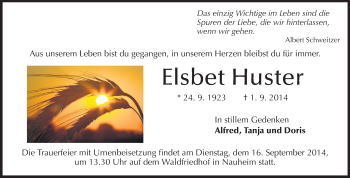 Traueranzeige von Elsbet Huster von Rüsselsheimer Echo, Groß-Gerauer-Echo, Ried Echo