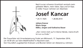 Traueranzeige von Josef Kancar von Rüsselsheimer Echo, Groß-Gerauer-Echo, Ried Echo