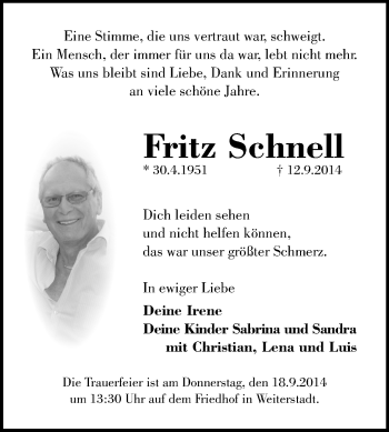 Traueranzeige von Fritz Schnell von Echo-Zeitungen (Gesamtausgabe)