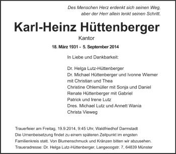 Traueranzeige von Karl-Heinz Hüttenberger von Echo-Zeitungen (Gesamtausgabe)