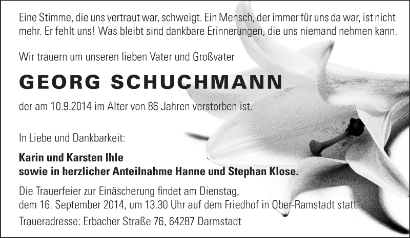  Traueranzeige für Georg Schuchmann vom 13.09.2014 aus Echo-Zeitungen (Gesamtausgabe)