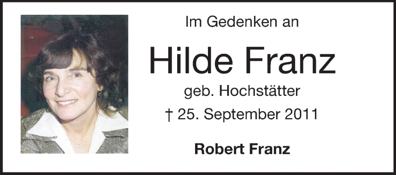  Traueranzeige für Hilde Franz vom 25.09.2014 aus Echo-Zeitungen (Gesamtausgabe)