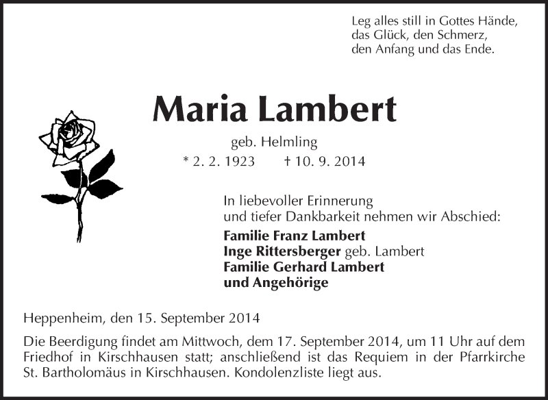  Traueranzeige für Maria Lambert vom 15.09.2014 aus Starkenburger Echo