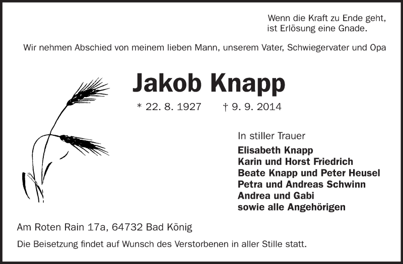  Traueranzeige für Jakob Knapp vom 16.09.2014 aus Odenwälder Echo