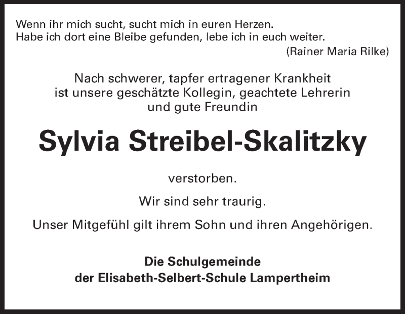  Traueranzeige für Sylvia Streibel-Skalitzky vom 15.09.2014 aus Echo-Zeitungen (Gesamtausgabe)
