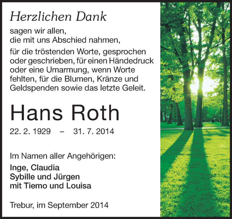  Traueranzeige für Hans Roth vom 16.09.2014 aus Rüsselsheimer Echo, Groß-Gerauer-Echo, Ried Echo